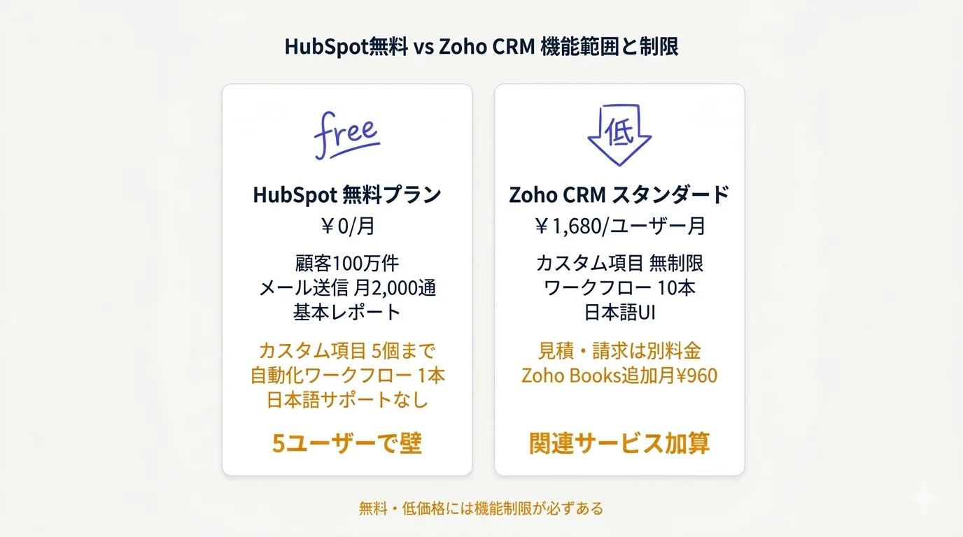 HubSpot無料とZoho CRMの機能範囲と制限マップ