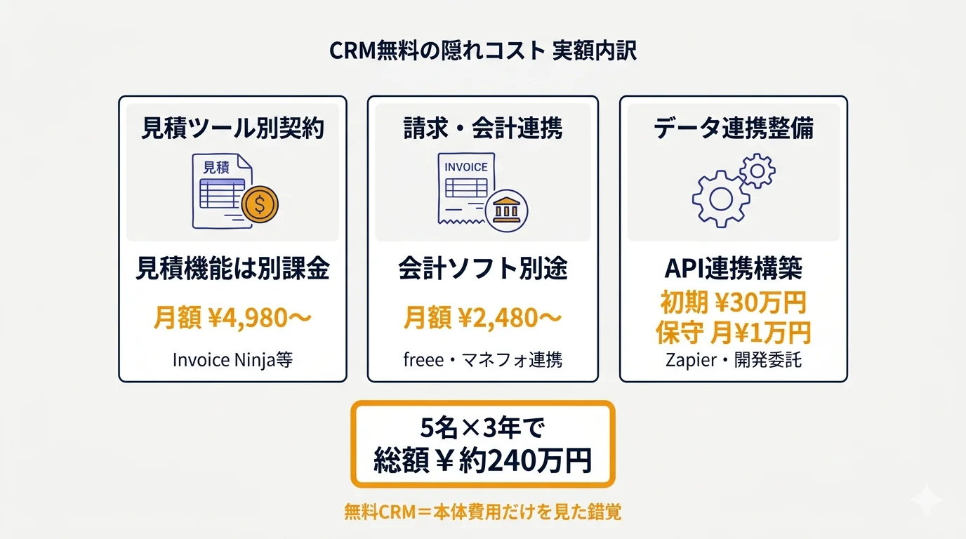 CRM無料神話の隠れコスト3項目(見積・請求・連携)の実額内訳