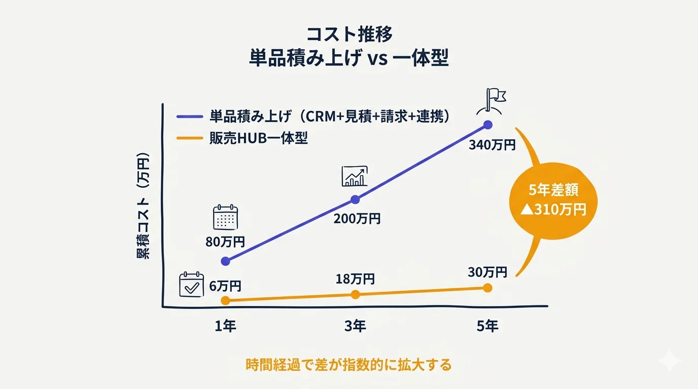 CRM選定における単品積み上げ vs 一体型のコスト推移グラフ(1年/3年/5年)