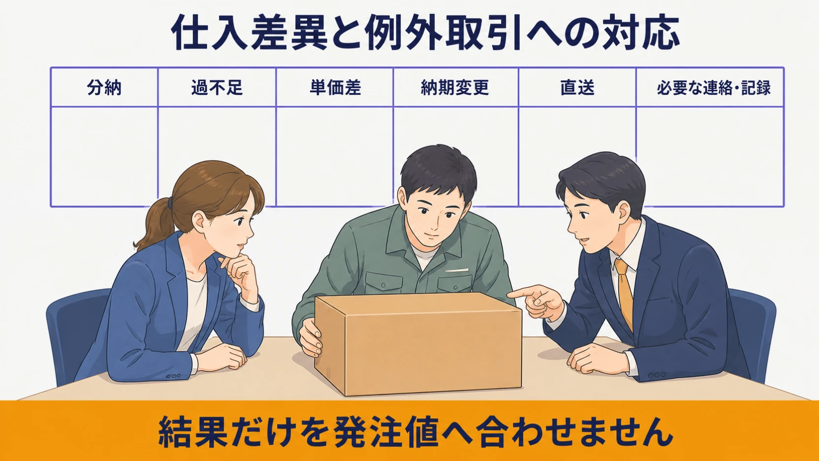 数量・単価・納期の差異と分納・直送を整理する仕入例外図