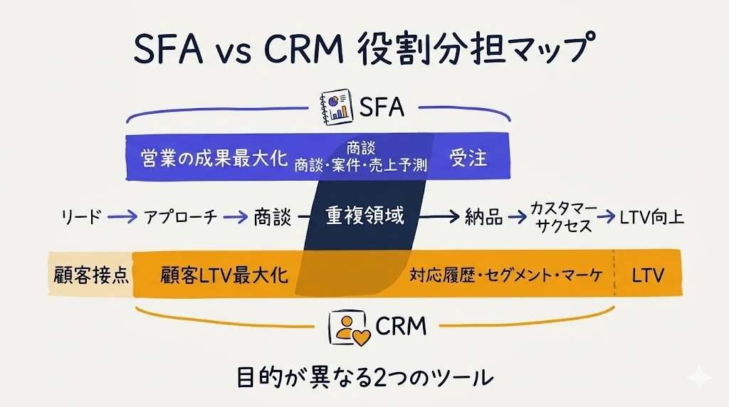 SFA vs CRM 役割分担マップ